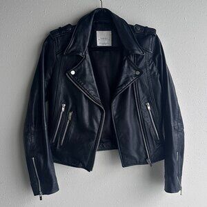 Mango Genuine Leather Black Biker Jacket - XXS